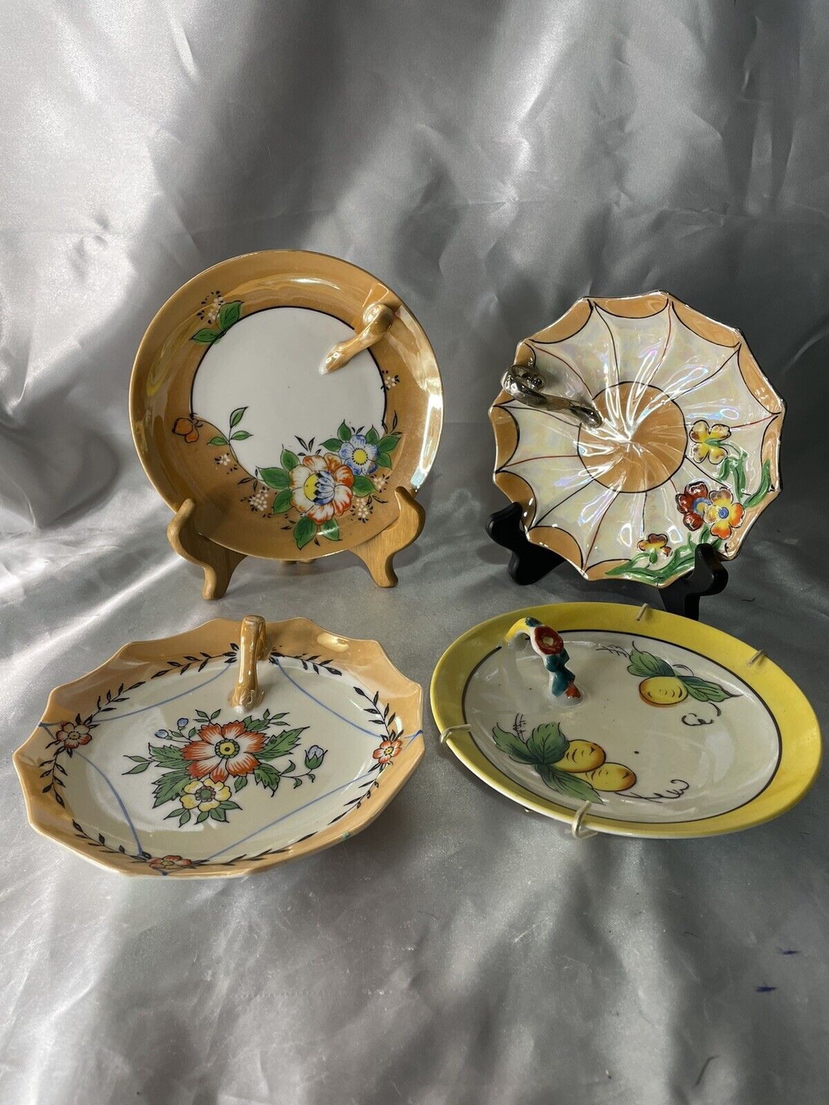4 Pre War Japanese Lemon/Nappy Handle Plates Luster, Rare, Umbrella Shape 6”