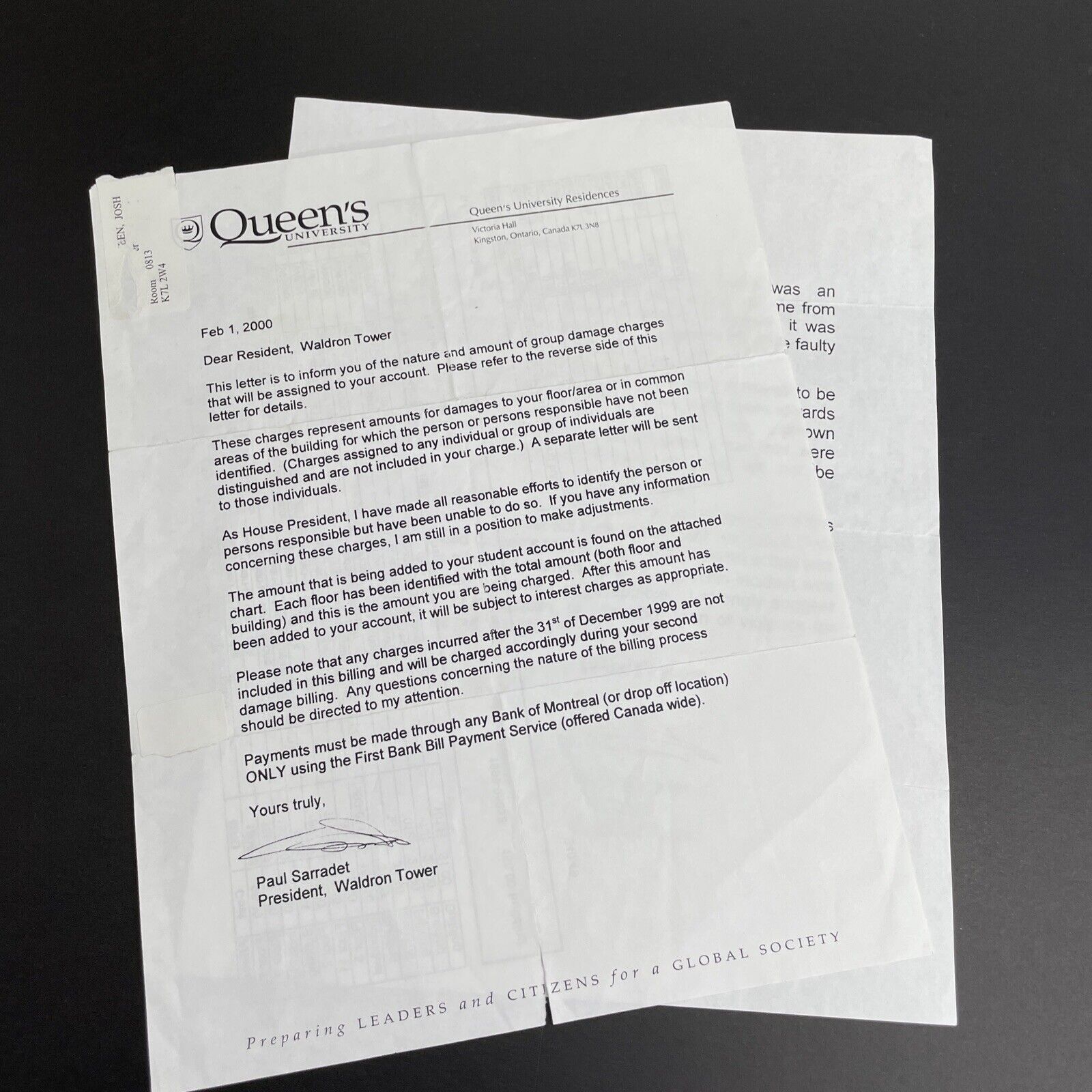 Vintage 2000 Queen\'s University Waldron Tower Frat Party Damage Letter Kingston