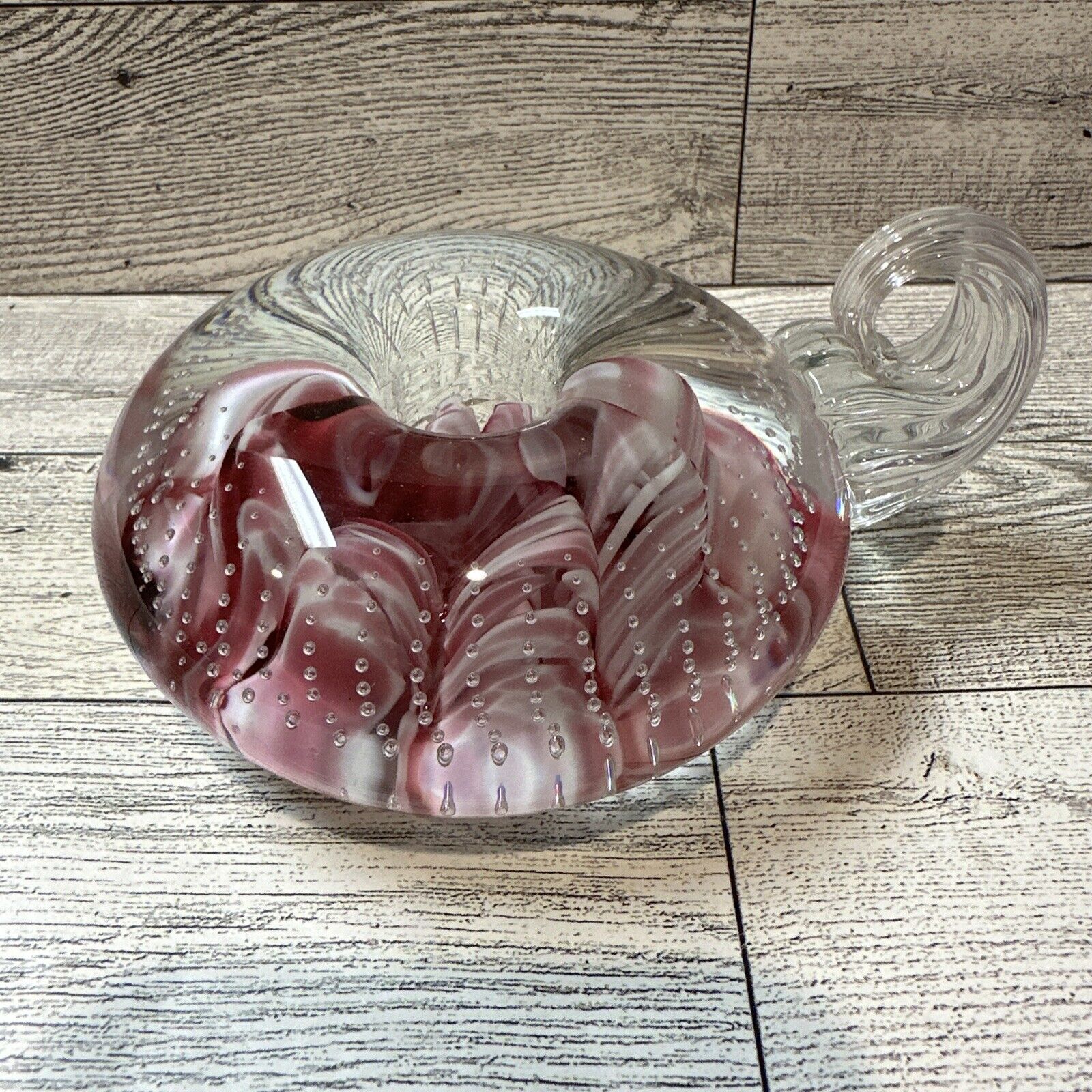 MONTE DUNLAVY Glass Paperweight 5x4x2.5”  Pink Red White Swirl Vintage
