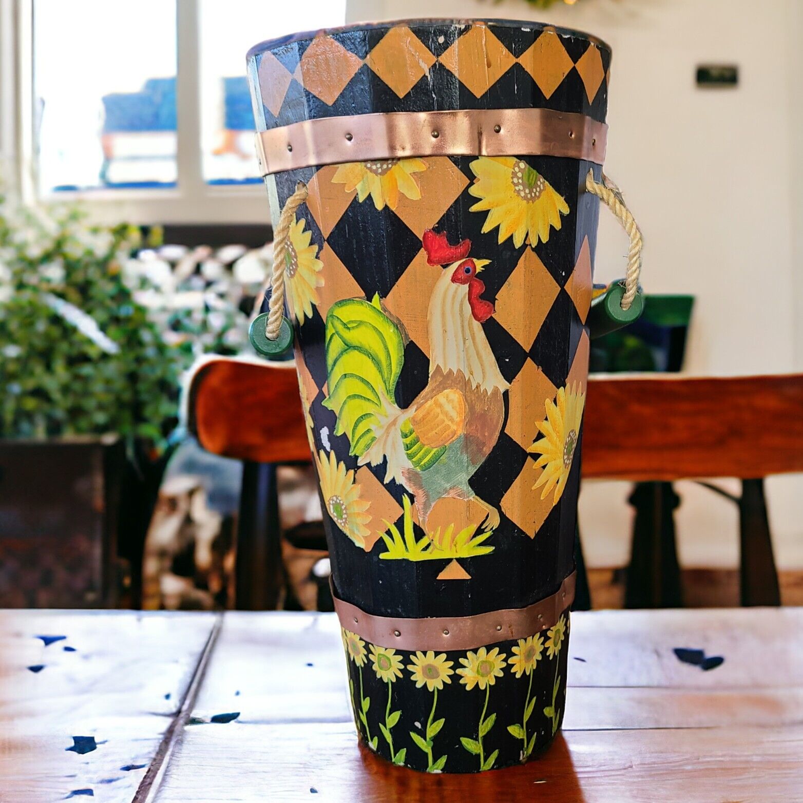 Vintage Wooden Chicken Rooster Sunflower Vase Planter Handpainted