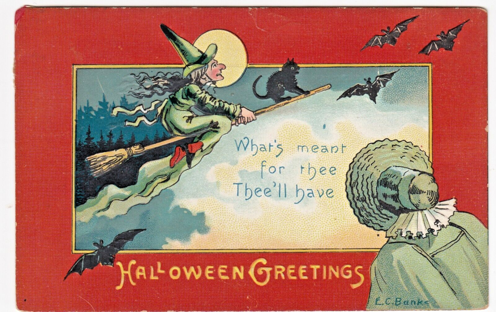 A/S E.C. Banks Halloween Greetings Postcard with Witch, Black Cat, Bats & Moon
