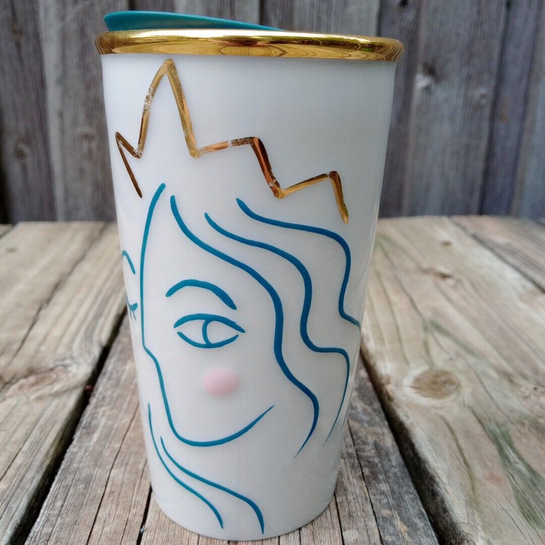 2017 Starbucks Travel Mug Siren Anniversary Teal Gold w Lid 10 oz Ceramic Logo
