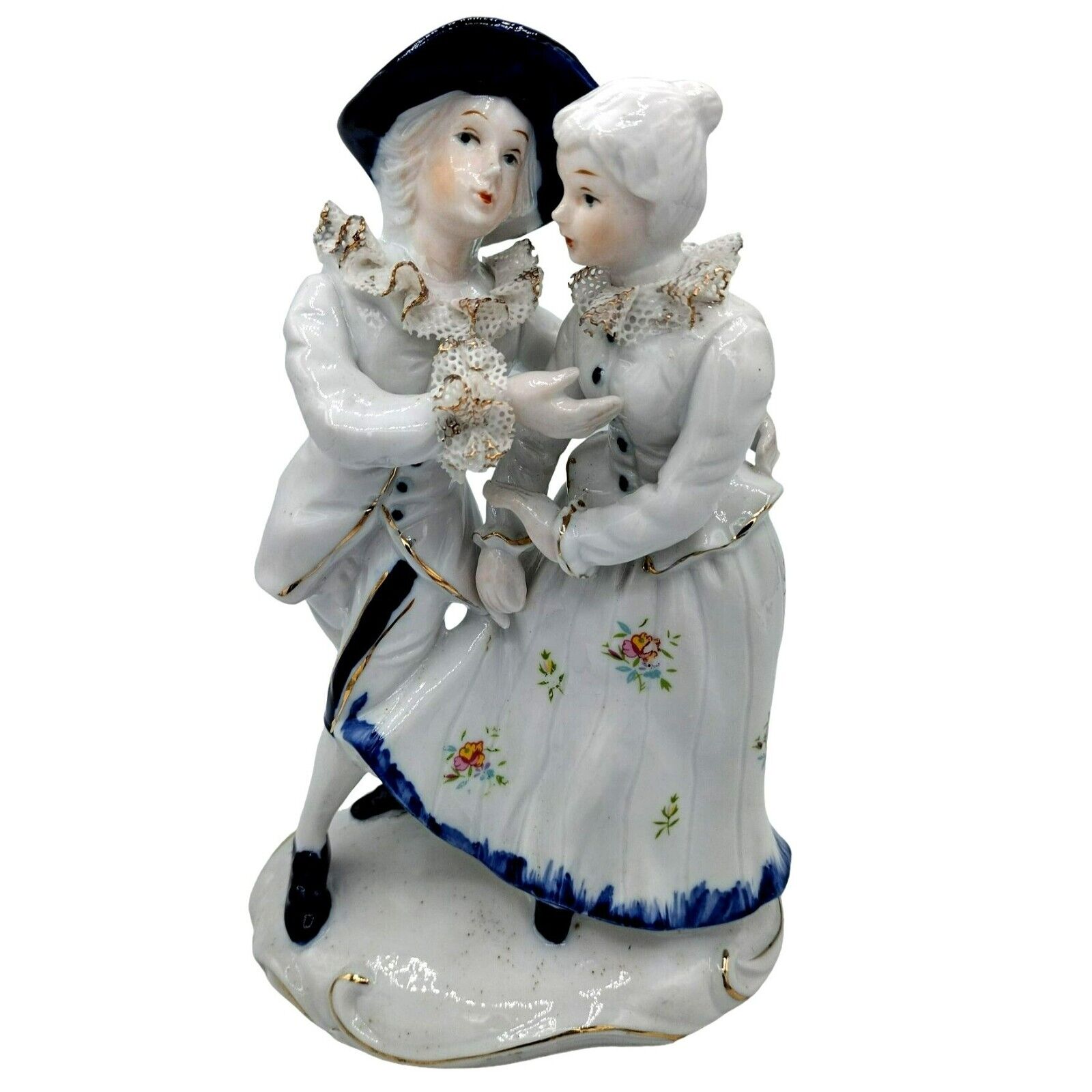 Colonial Dancing Couple with Lace Ruffles Porcelain Bisque Glazed 7.75 Tall
