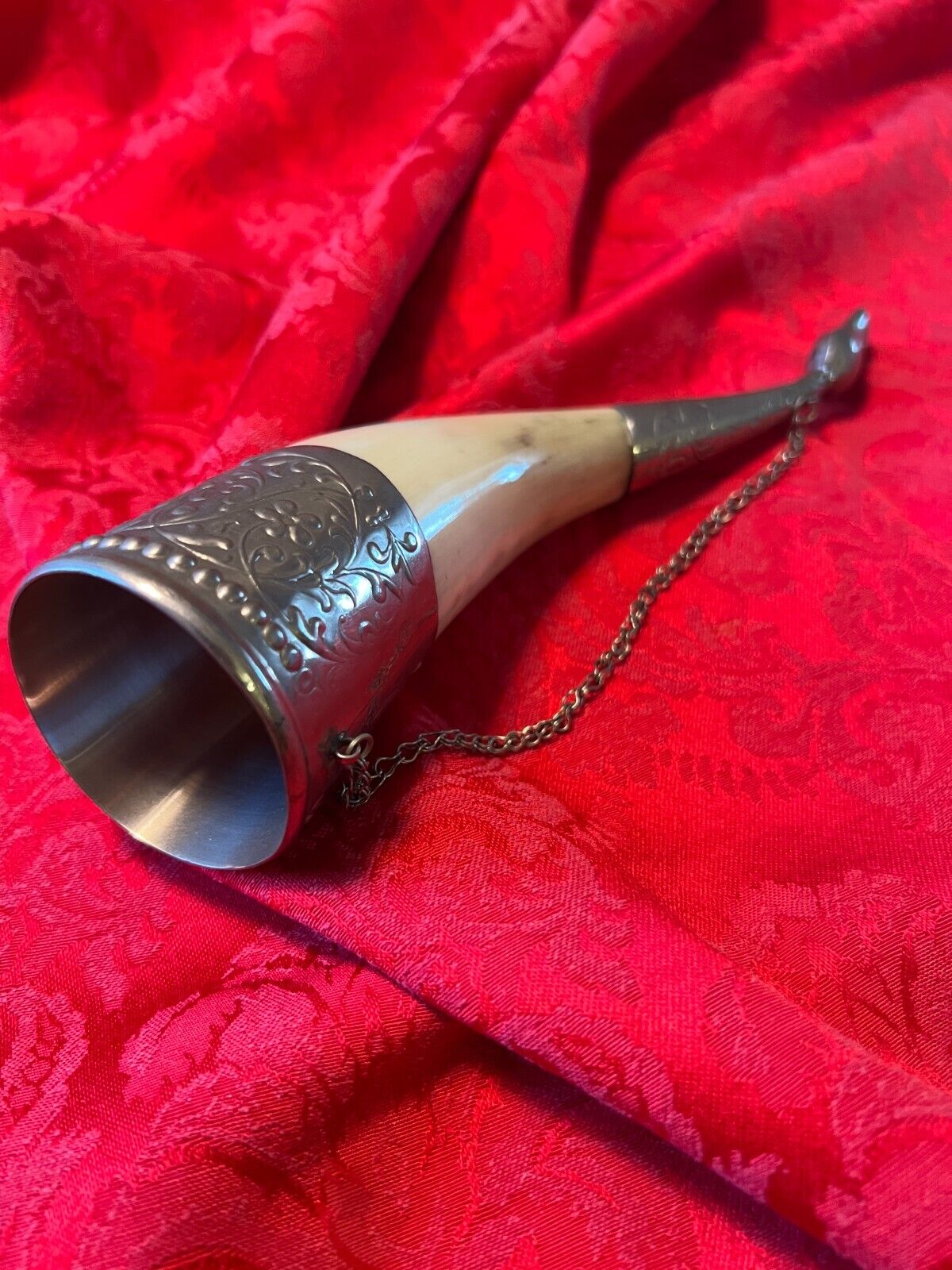 Vintage Viking Type Drinking Horn With Metal Double End Accents with Chain