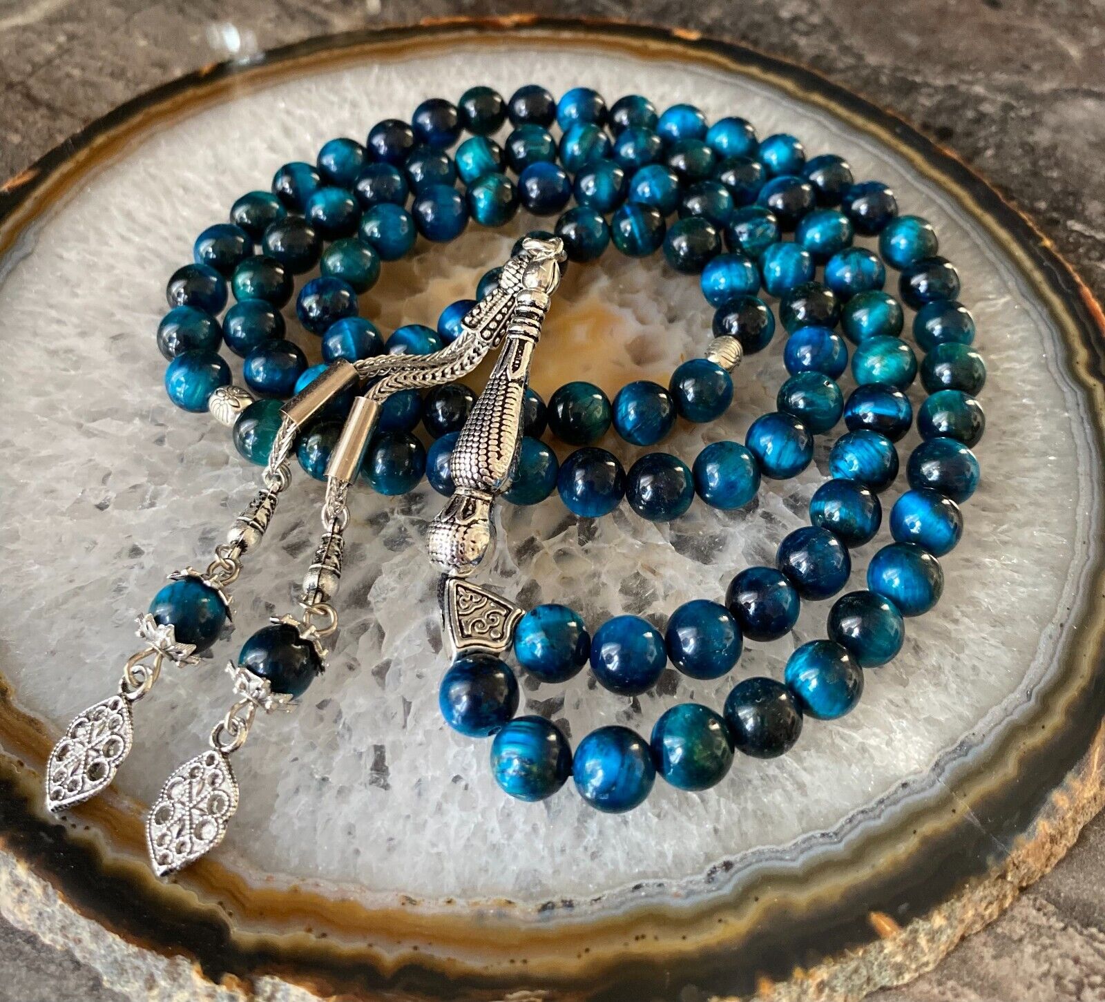 REAL Blue Tiger's Eye Stone Islamic Prayer 99 beads, Tasbih, Misbaha Tasbeeh 8mm