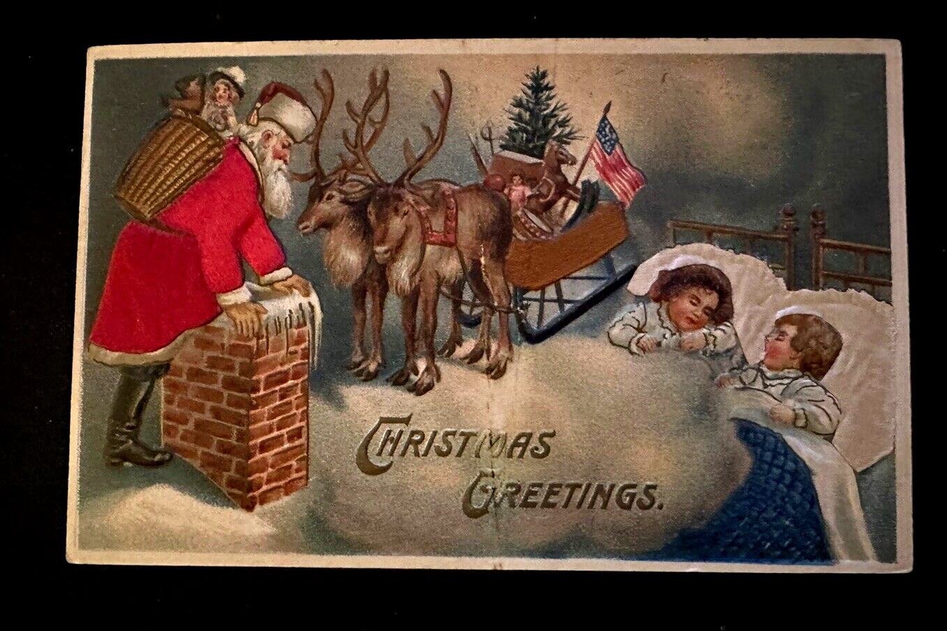 Patriotic~SILK Santa Claus w/ Children~USA FLAG~Chimney~ Christmas Postcard~h956
