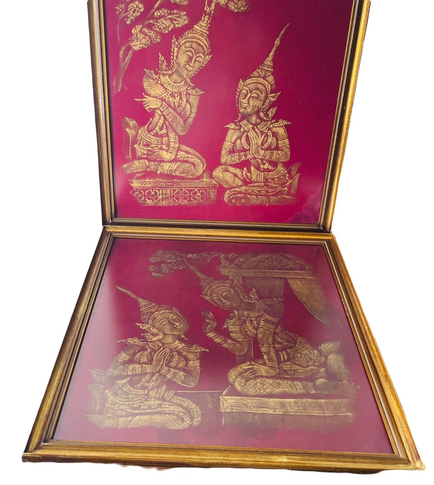  Vintage Pair Mid Century Thai Temple Rubbings Art Gold on Silk  19\