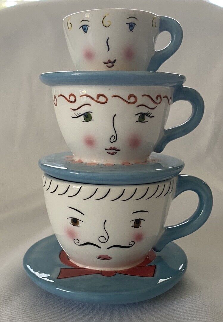 Salt Pepper Shakers Clay Art Tea Cup Mug People Clay Art Whimsical Stackable