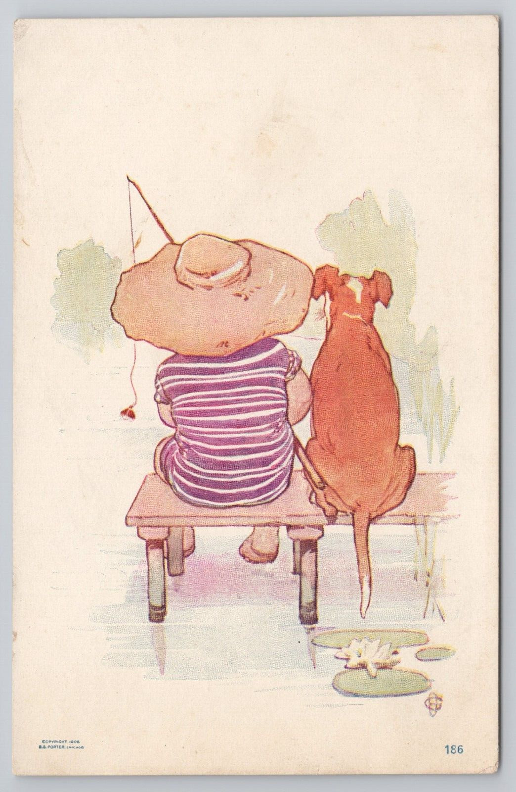 Child & Dog Fishing on dock S S Porter Artist Signed 1906 Art Postcard UNP UDB