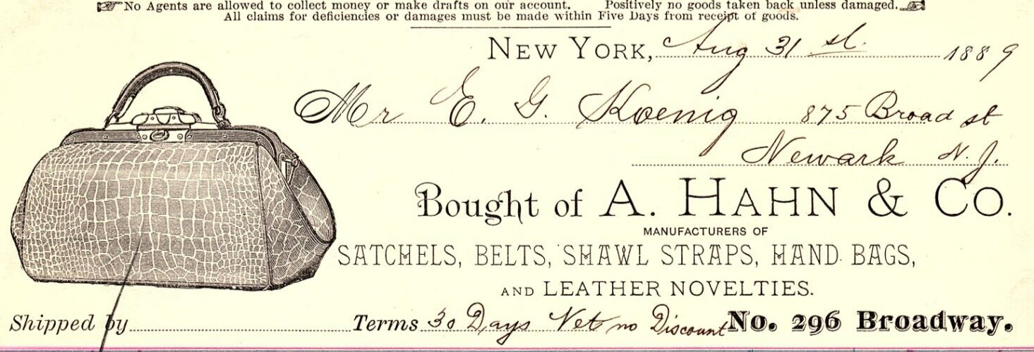 1889 A. HAHN & CO SATCHELS BELTS HAND BAGS BROADWAY NY BILLHEAD INVOICE Z1244