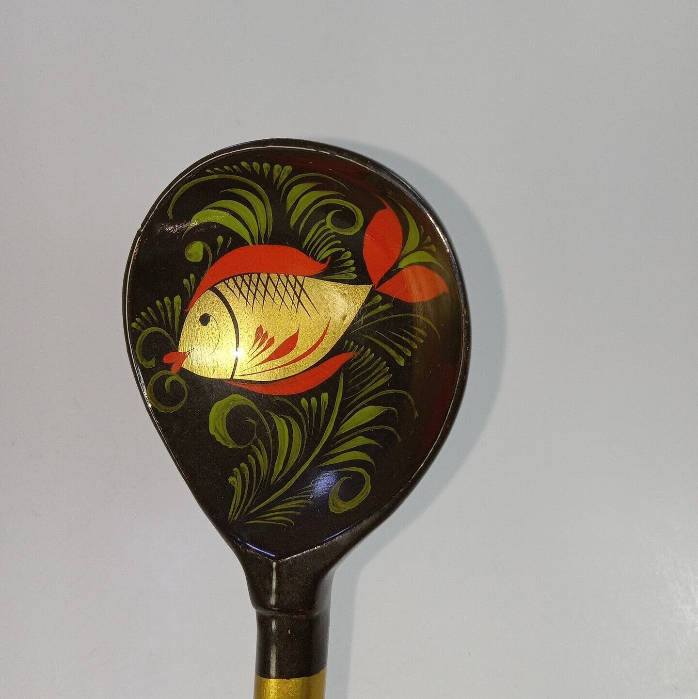 USSR Laquered Russian Khokhloma Hand Painted Wooden Serving Spoon Golden Fish