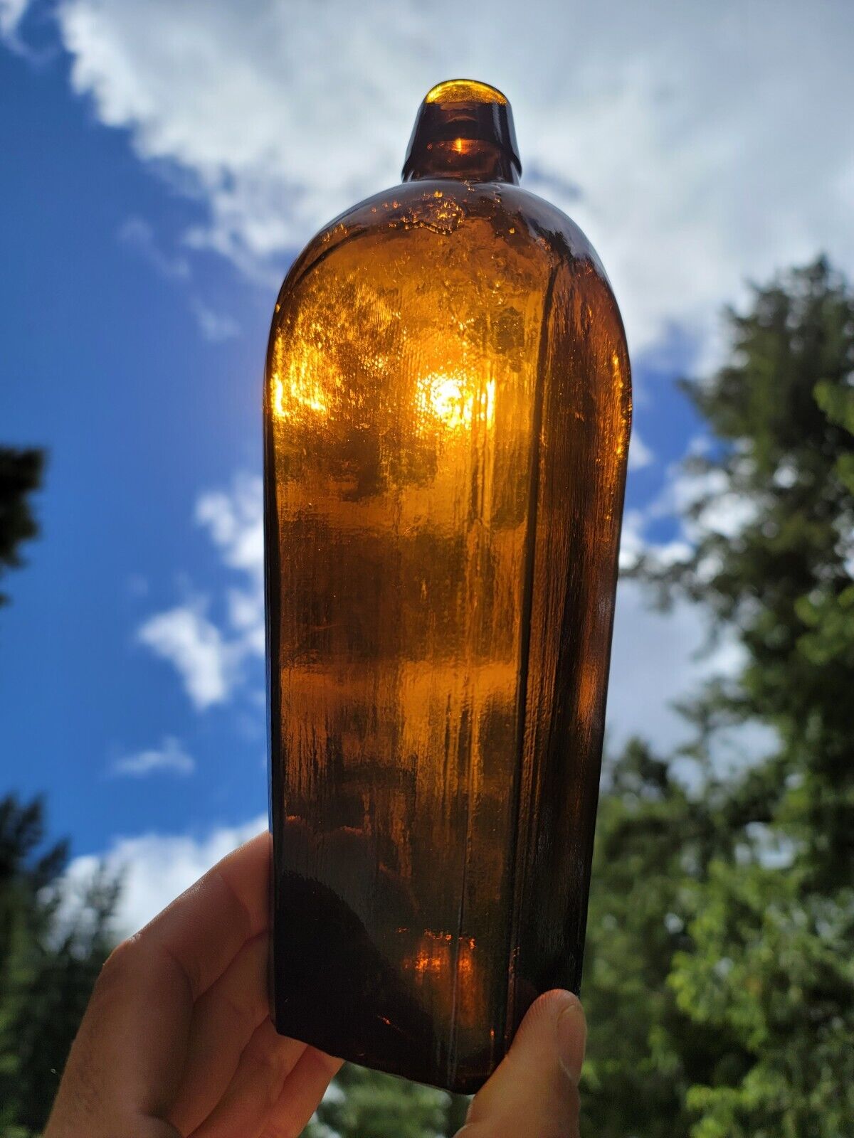 Beautiful 1870's Olive Amber Gin Bottle☆Unique Colored RUM Bottle◇Primitive Lip