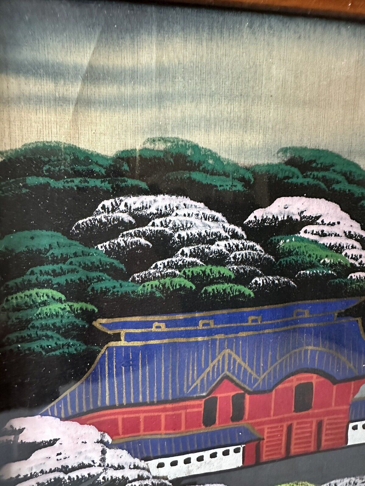 Vintage Japanese Hand Silk Painted Picture Mt Fuji landscape Japan Art framed