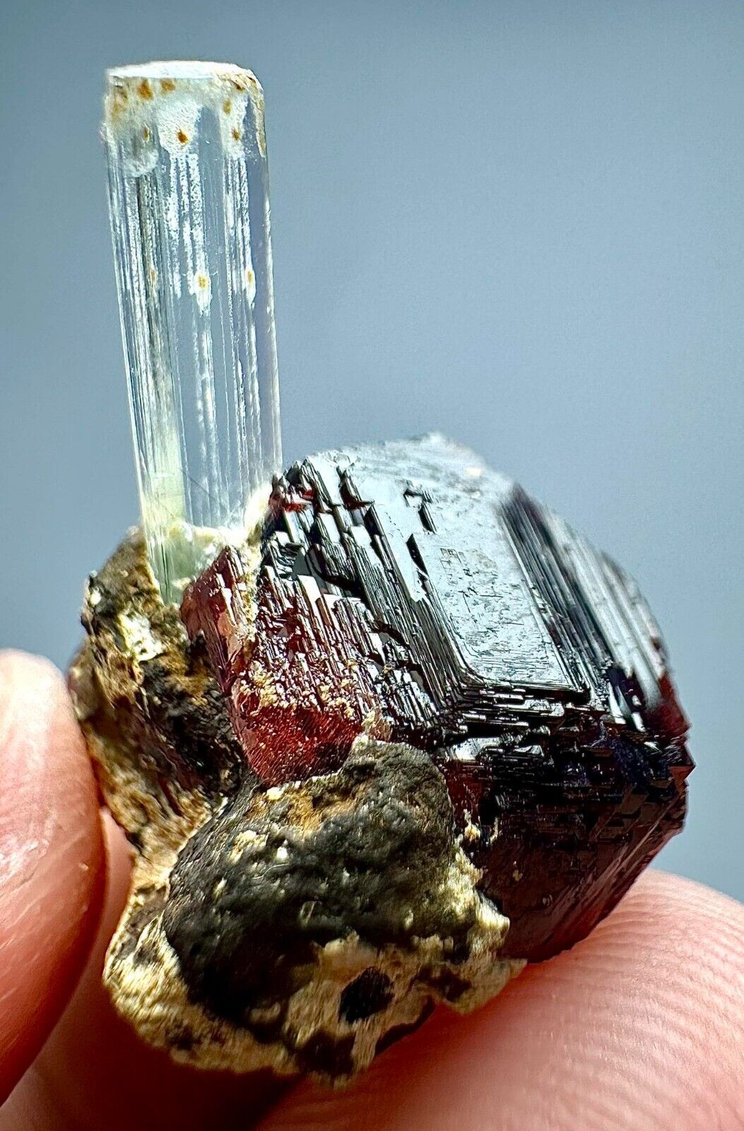 19 Cts Unusual  Aquamarine Crystal On Top Red Spessartine Garnet Skardu @PaK