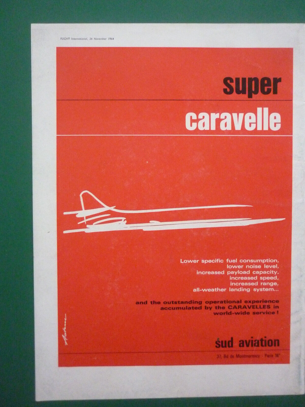 11/1964 PUB SOUTH AVIATION AIRCRAFT SUPER CARAVELLE AIRLINER AIRCRAFT ORIGINAL AD