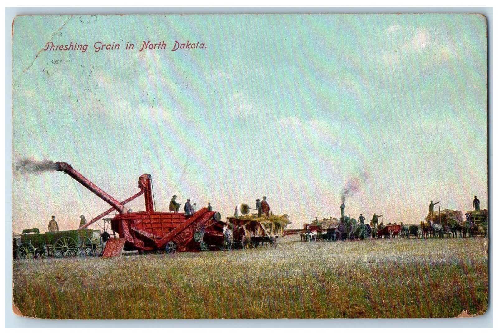 1913 Threshing Grain Machine Scene In North Dakota ND Posted Vintage Postcard