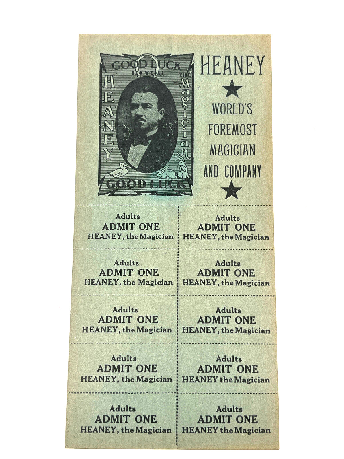 Antique 1930's Heaney Magician Unused Ticket Sheet GOOD LUCK advertising sign