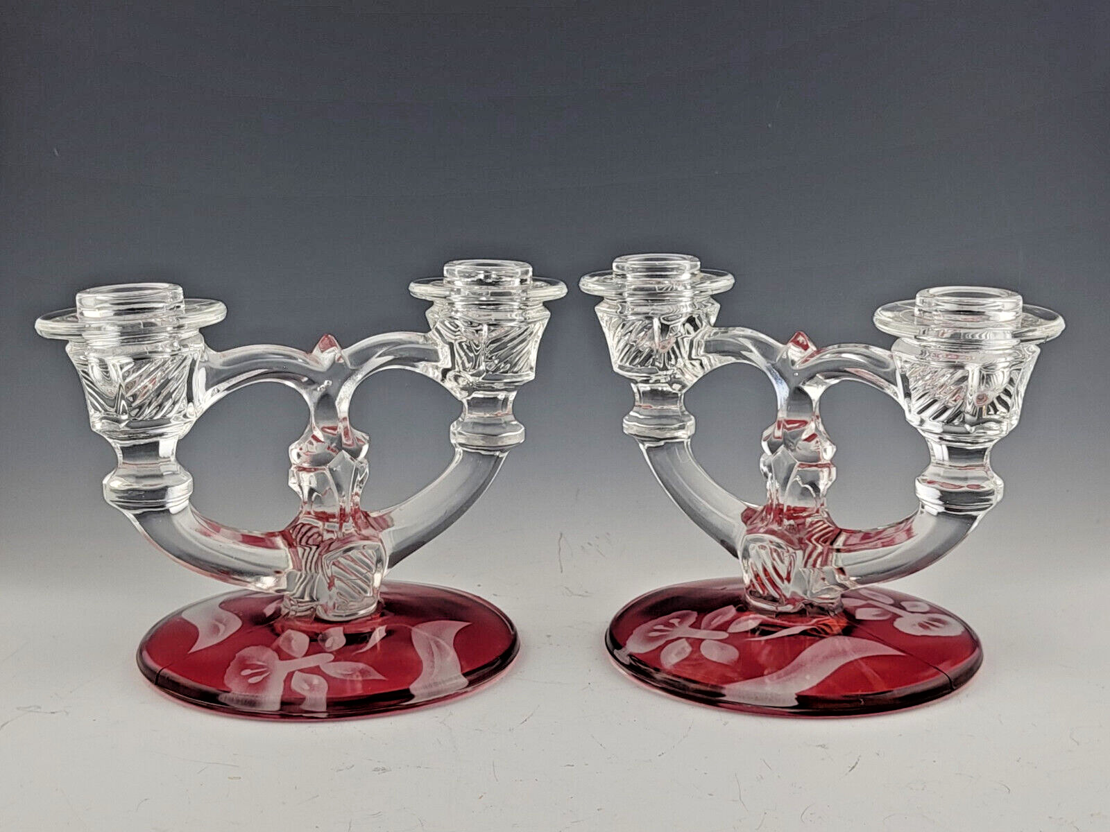 Beautiful Vintage Pair Indiana Red Flashed Glass Art Deco Double Candlesticks