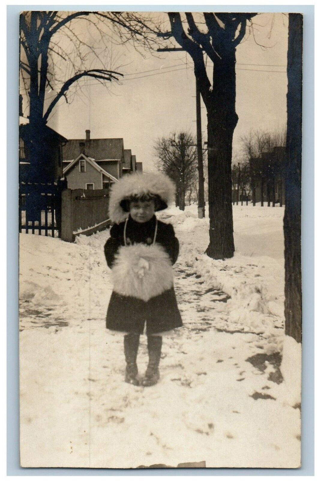 c1910\'s Little Girl Wearing Fur Hat In Winter Snow RPPC Photo Antique Postcard
