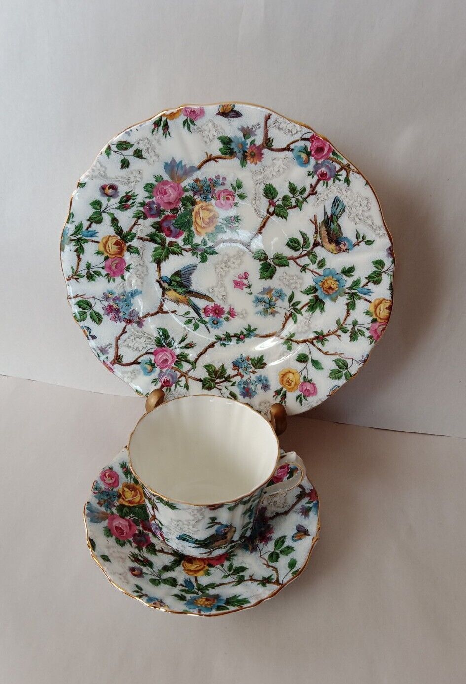 Vintage Old Royal Tea Cup Saucer & Luncheon Plate Floral Design With Birds