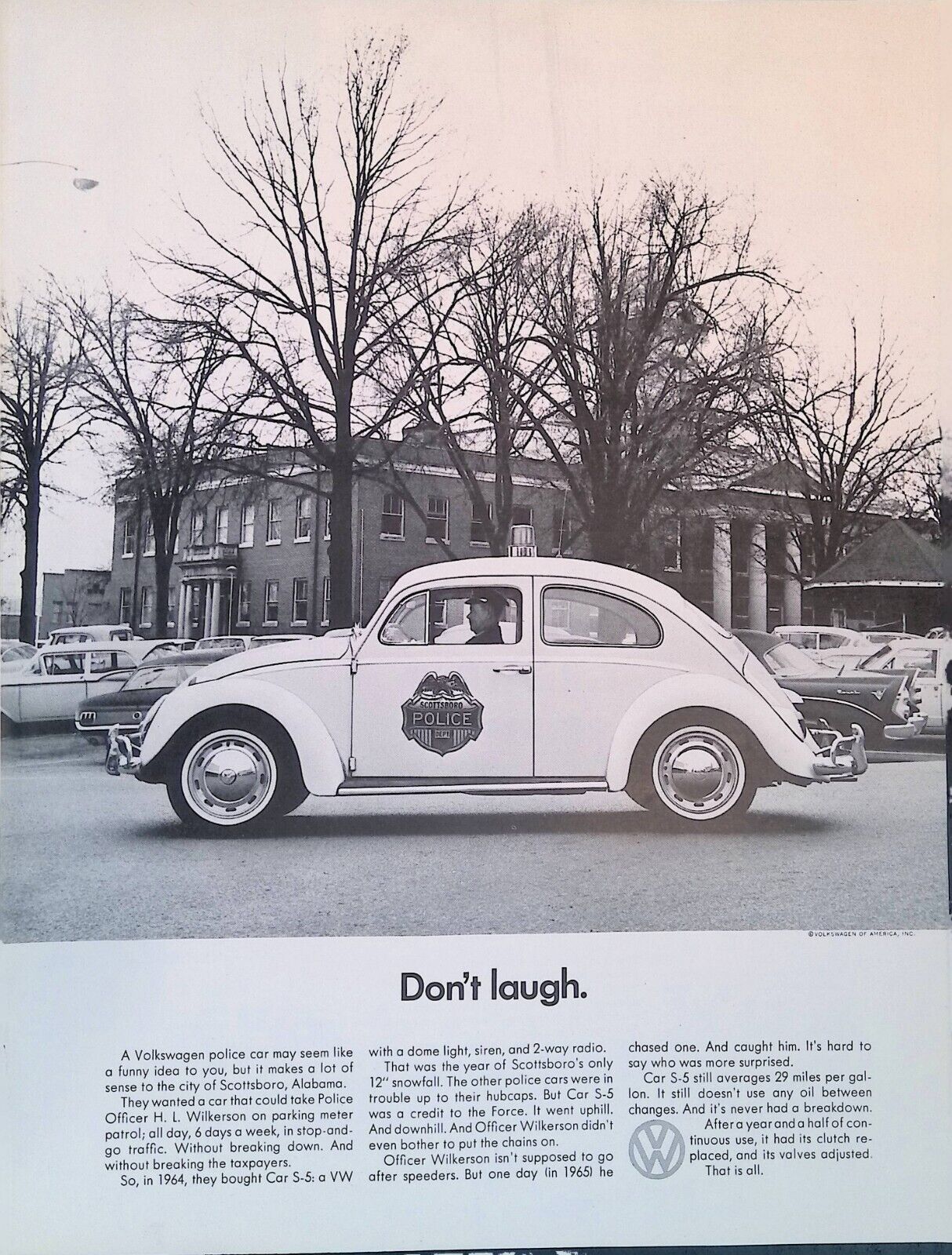 Print Ad 1966 Volkswagen Beetle Bug Police Car Scottsboro Alabama VW Don\'t Laugh