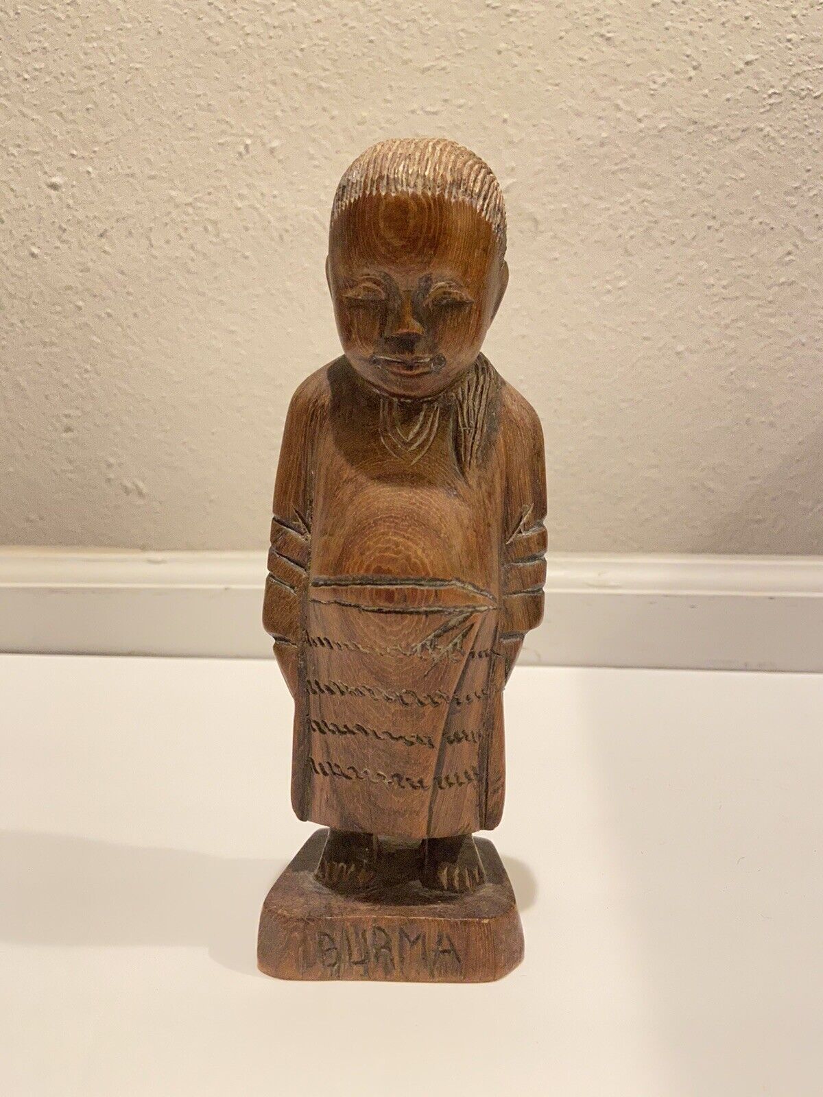 vintage burma hand carved wood boy figure asian art 8.1 Inch