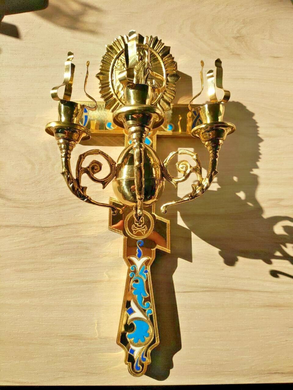 Easter three candlestick on the cross cast brass 13.77\