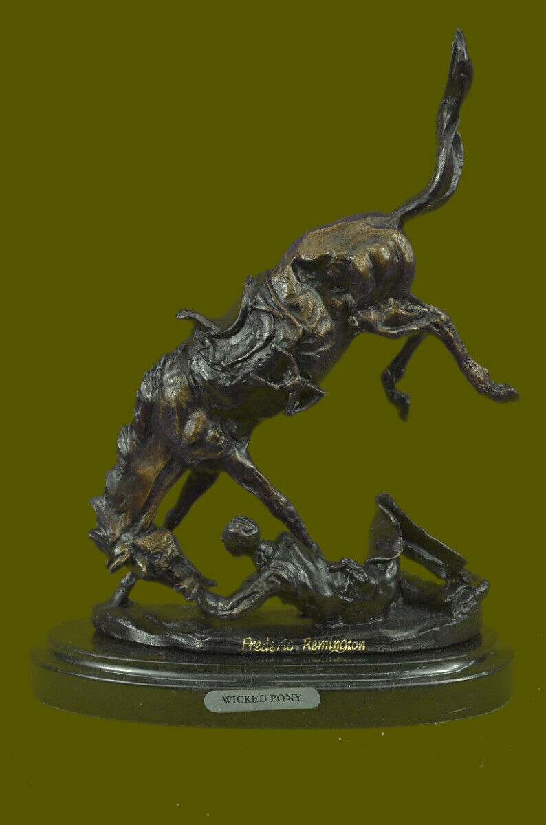 Frederic Remington Marble Base Cowboy Deco Art Handcrafted Bronze Wicked Pony NR