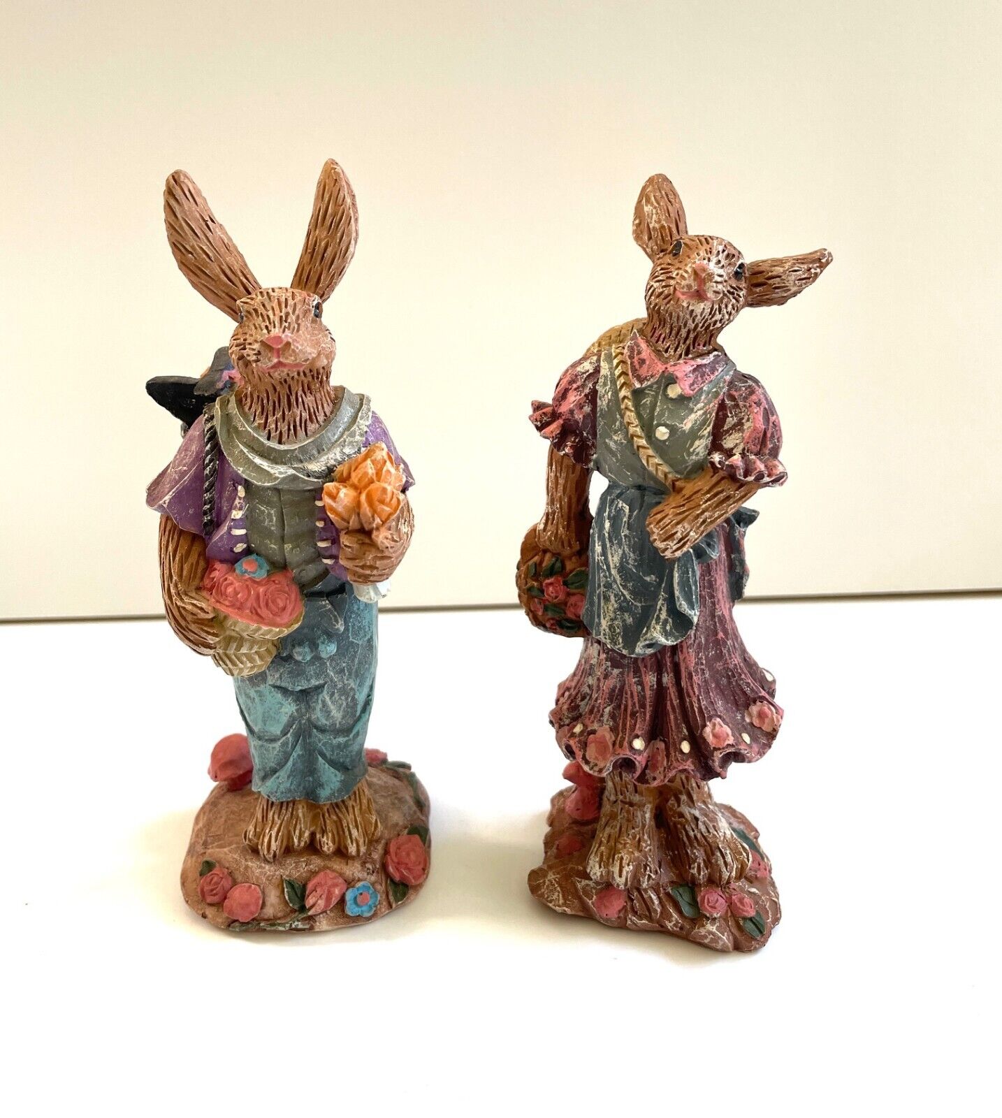 Pair of Cute Resin Bunny Rabbits Collecting Roses
