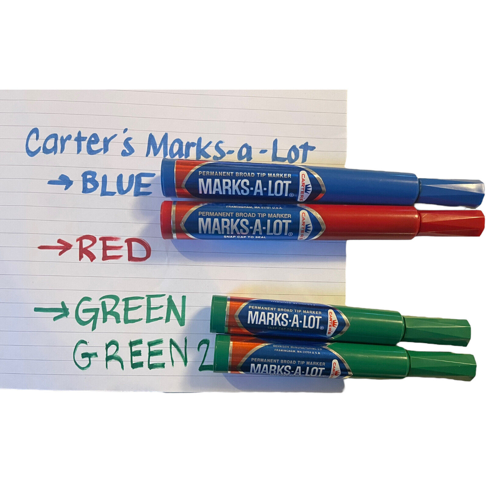 (4)  Carter’s MARKS-A-LOT Blue Red (2) Green Broad Tip Permanent Markers Vintage