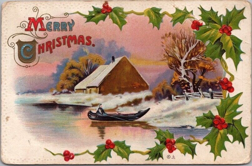 1908  MERRY CHRISTMAS Postcard Winter House Scene / Holly - NASH Series #63
