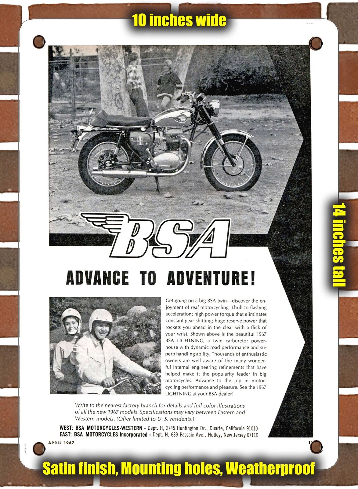 METAL SIGN - 1967 BSA Lightning Advance to Adventure - 10x14 Inches
