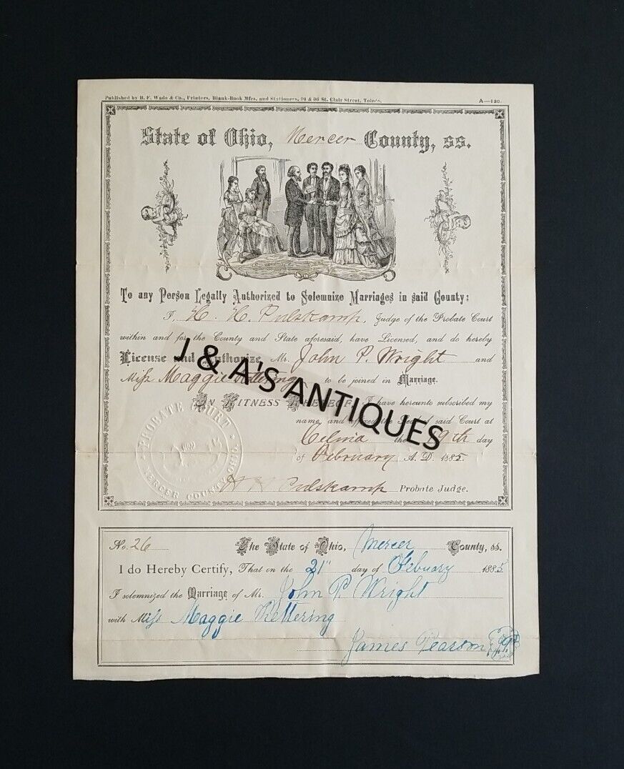 1885 Antique Mercer County, Ohio MARRIAGE CERTIFICATE ~ Watermarked & Embossed