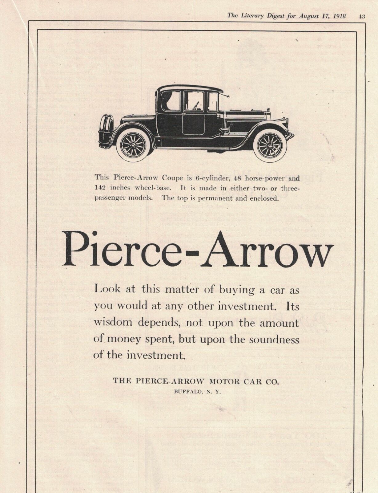 1918 Pierce Arrow coupe Original ad 