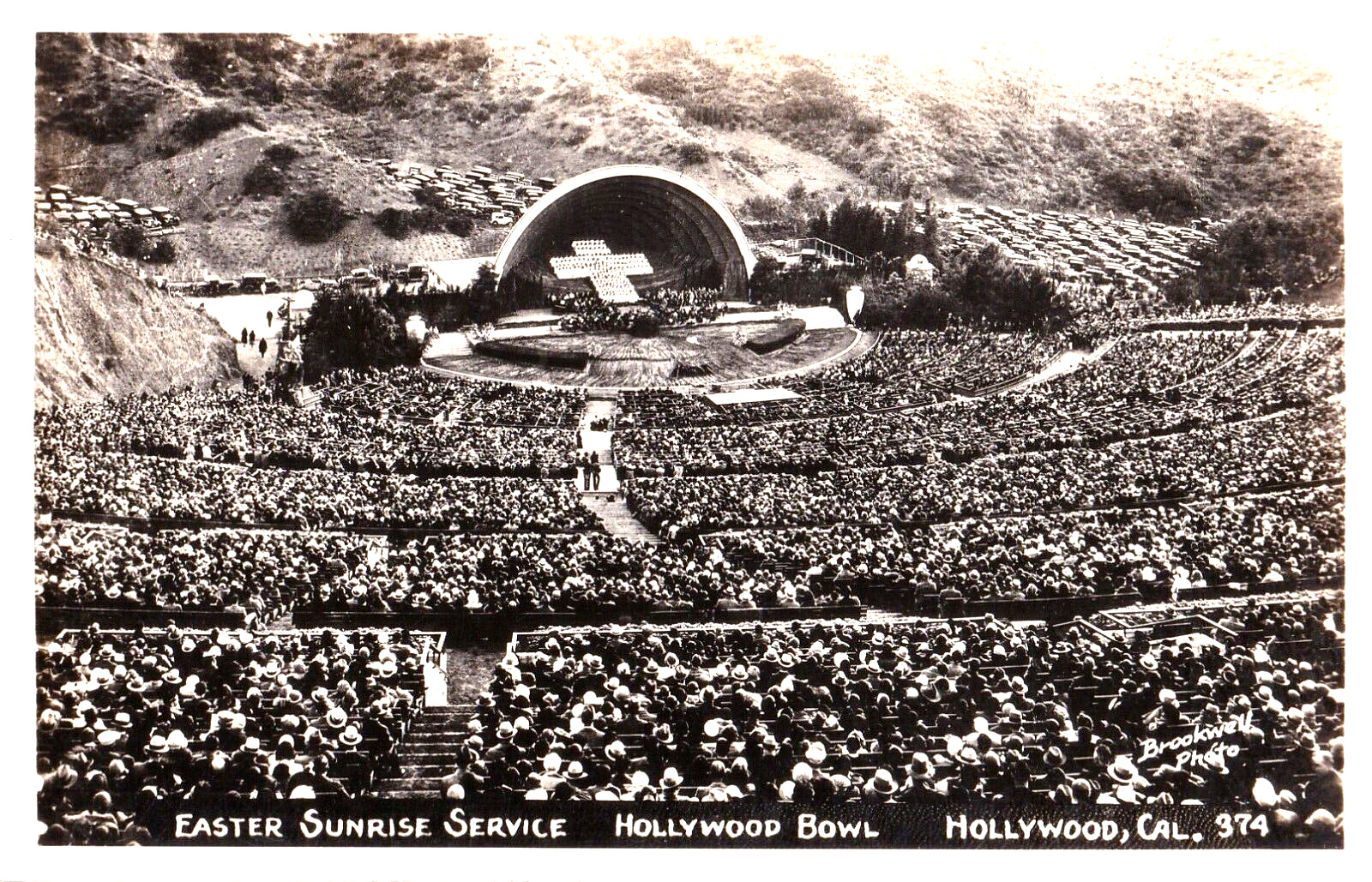 TWO RPPCs Hollywood Bowl Sunrise Service California Vintage Postcards