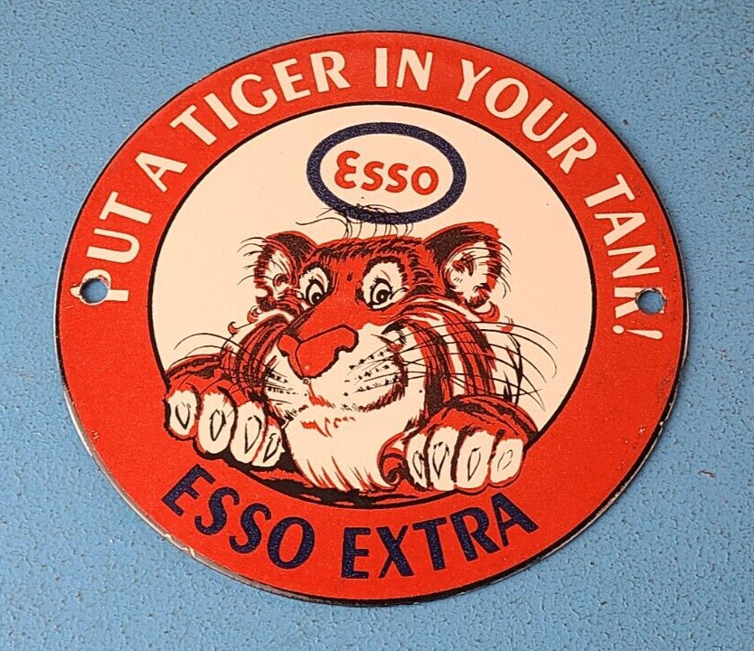 Vintage Esso Gasoline Sign - Tiger Gas Service Station Auto Tank Porcelain Sign