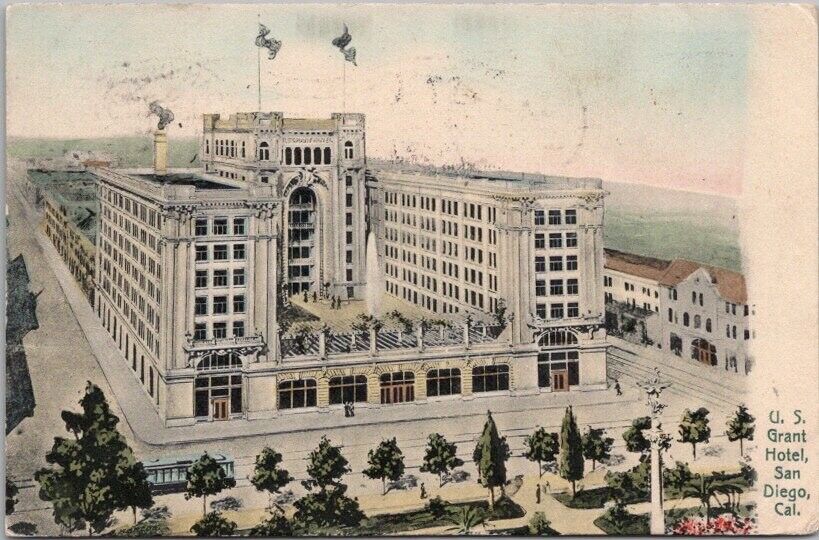 1908 SAN DIEGO California Hand-Colored Postcard U.S. GRANT HOTEL Bird\'s-Eye View