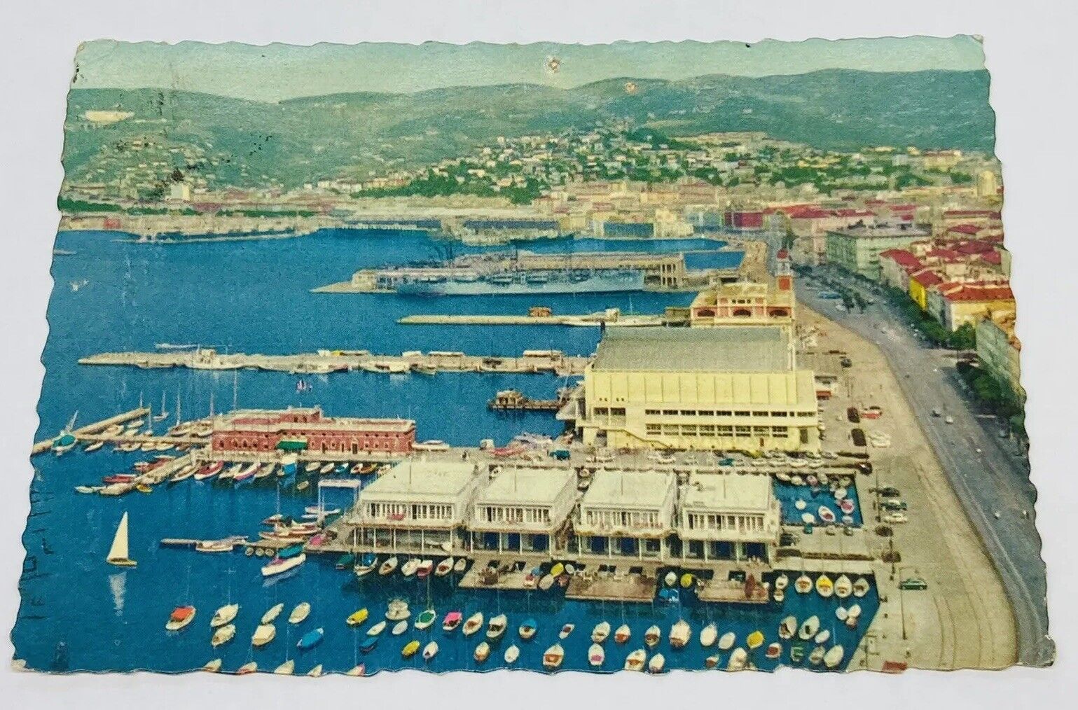 Vintage Postcard Trieste Italy Sea Port Boat Houses Highway Sky View Scenic P2