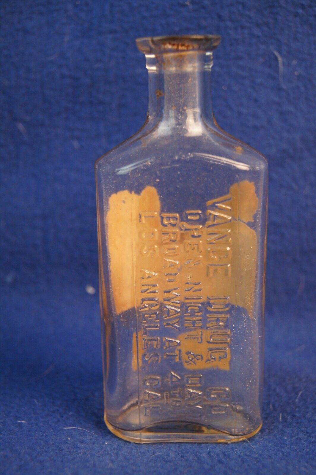 Antique Embossed Vance Drug Store Bottle Los Angles, California Broadway & 4th