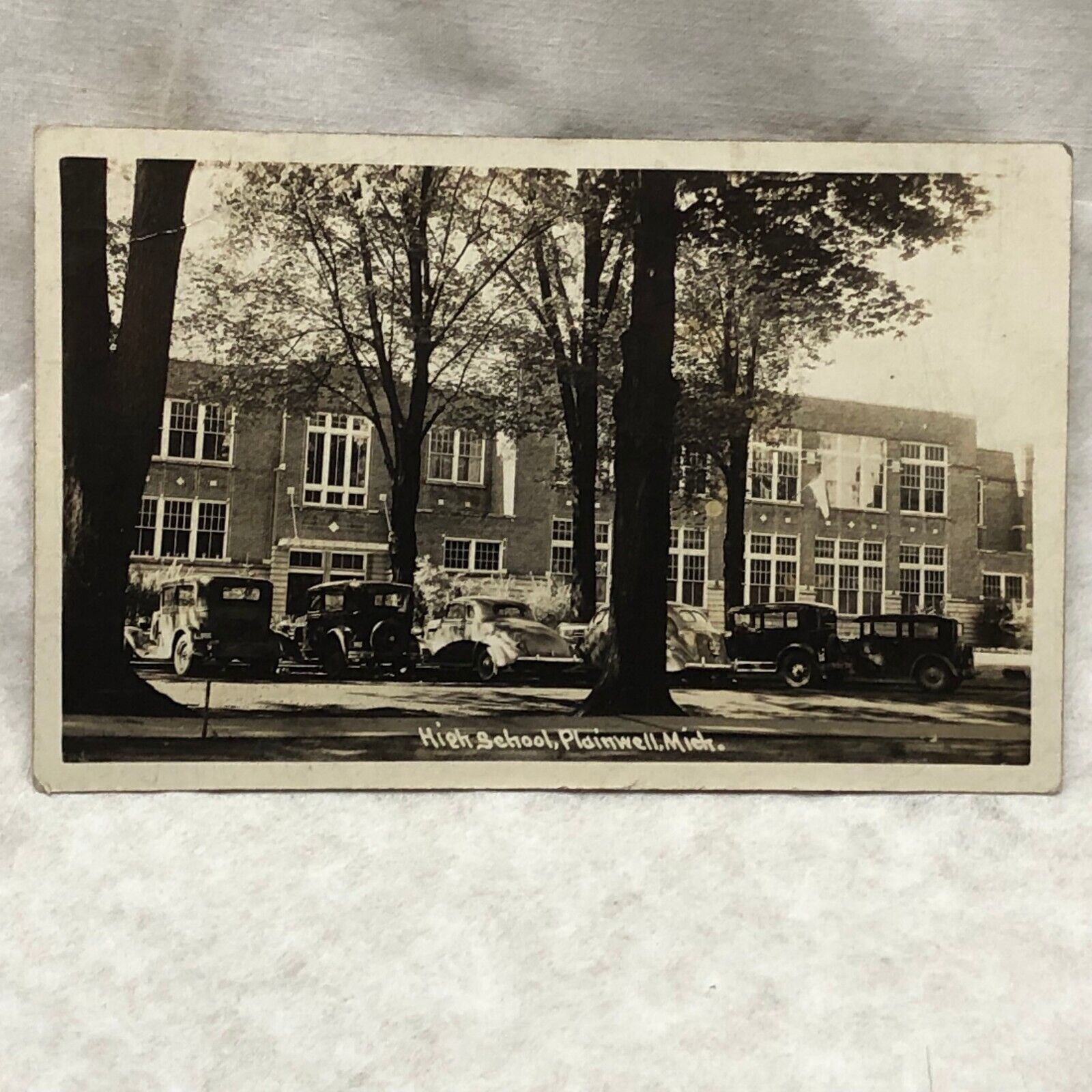 Vintage RPPC 1939 Plainwell Michigan Postcard High School Cars