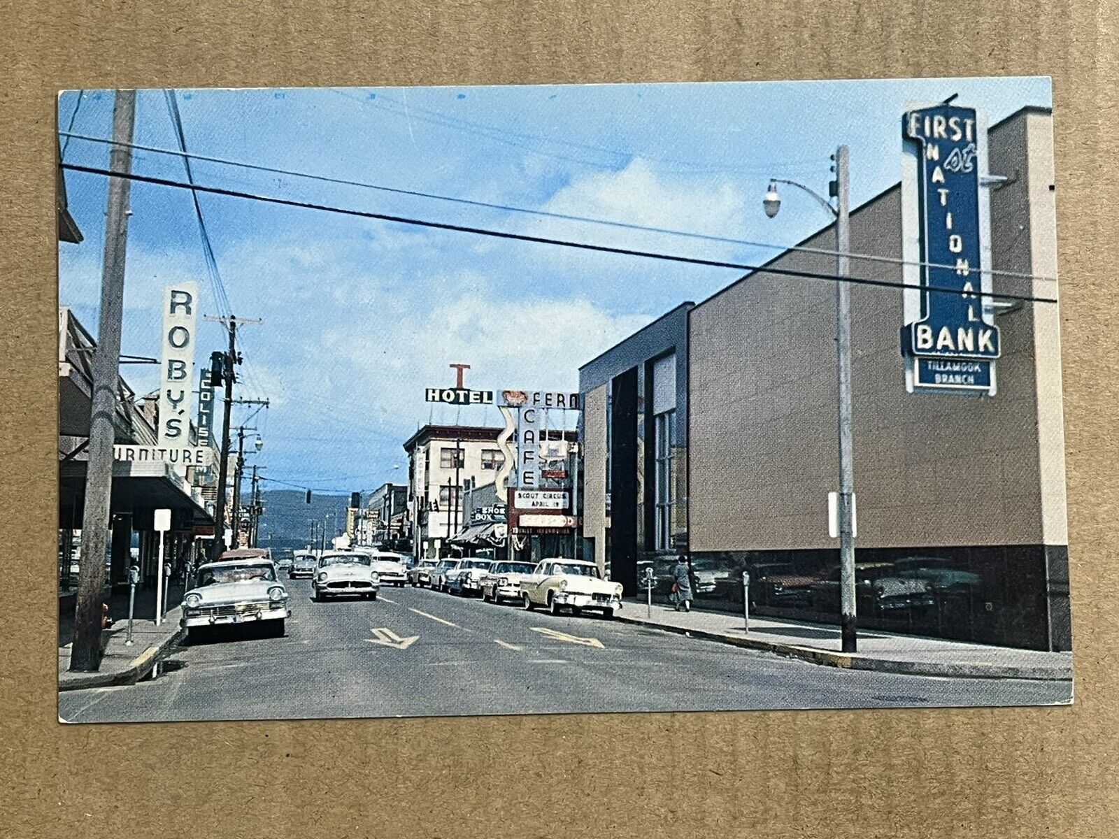 Postcard Tillamook OR Oregon Main Street Cafe Hotel Old Cars Vintage PC