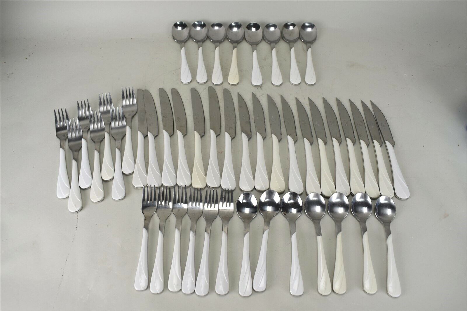 Fiesta Swirl White Flatware Set Stainless Forks Spoons Knives Set of 46