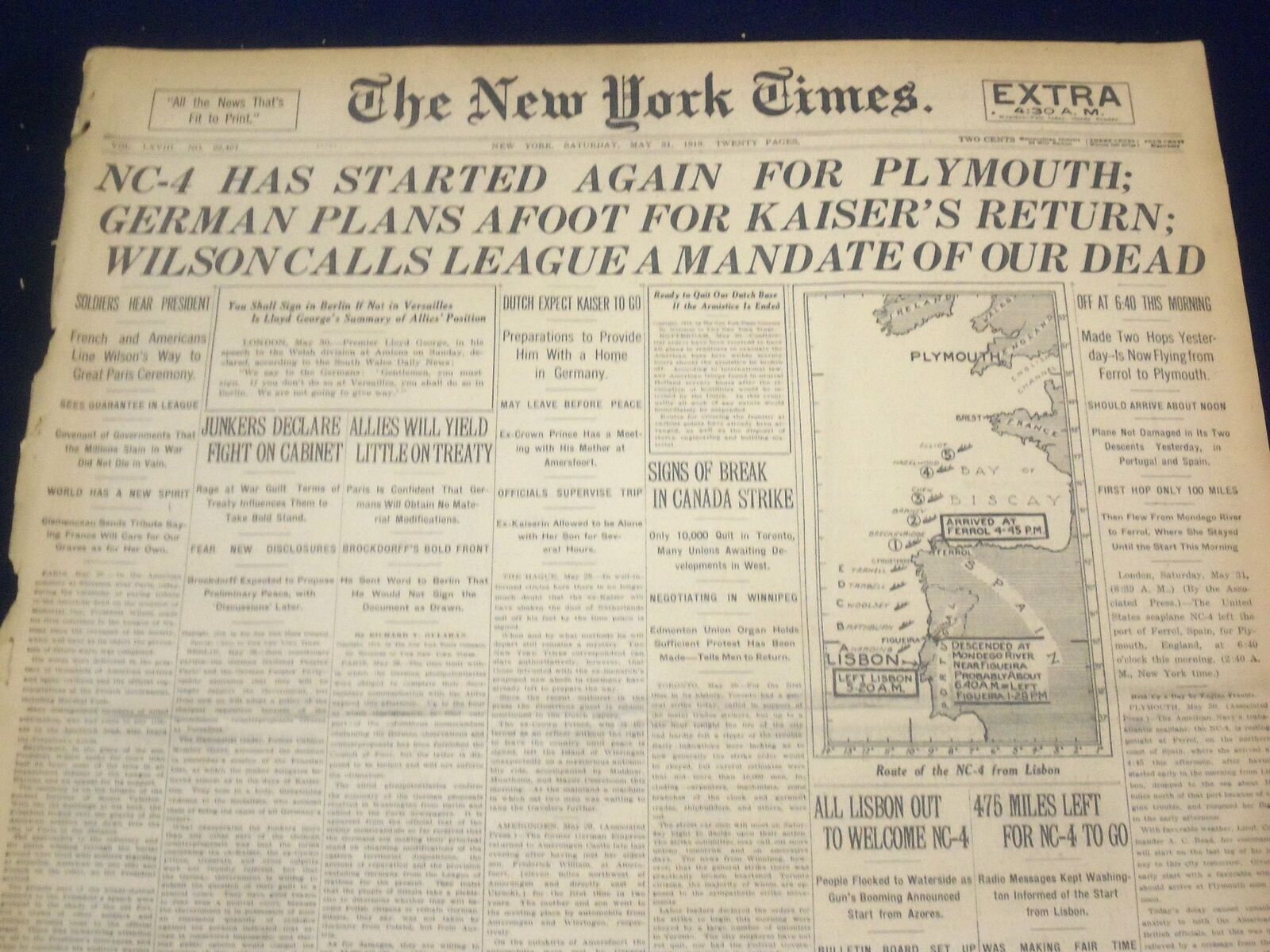 1919 MAY 31 NEW YORK TIMES - NC-4 STARTED AGAIN FOR PLYMOUTH - NT 9253