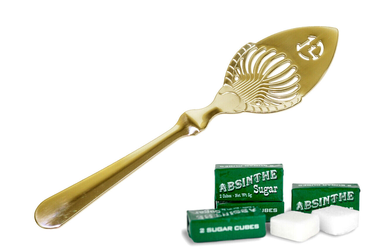 TOULOUSE LAUTREC ABSINTHE SPOON, GOLD-PLATED & 10 SUGAR CUBES +  