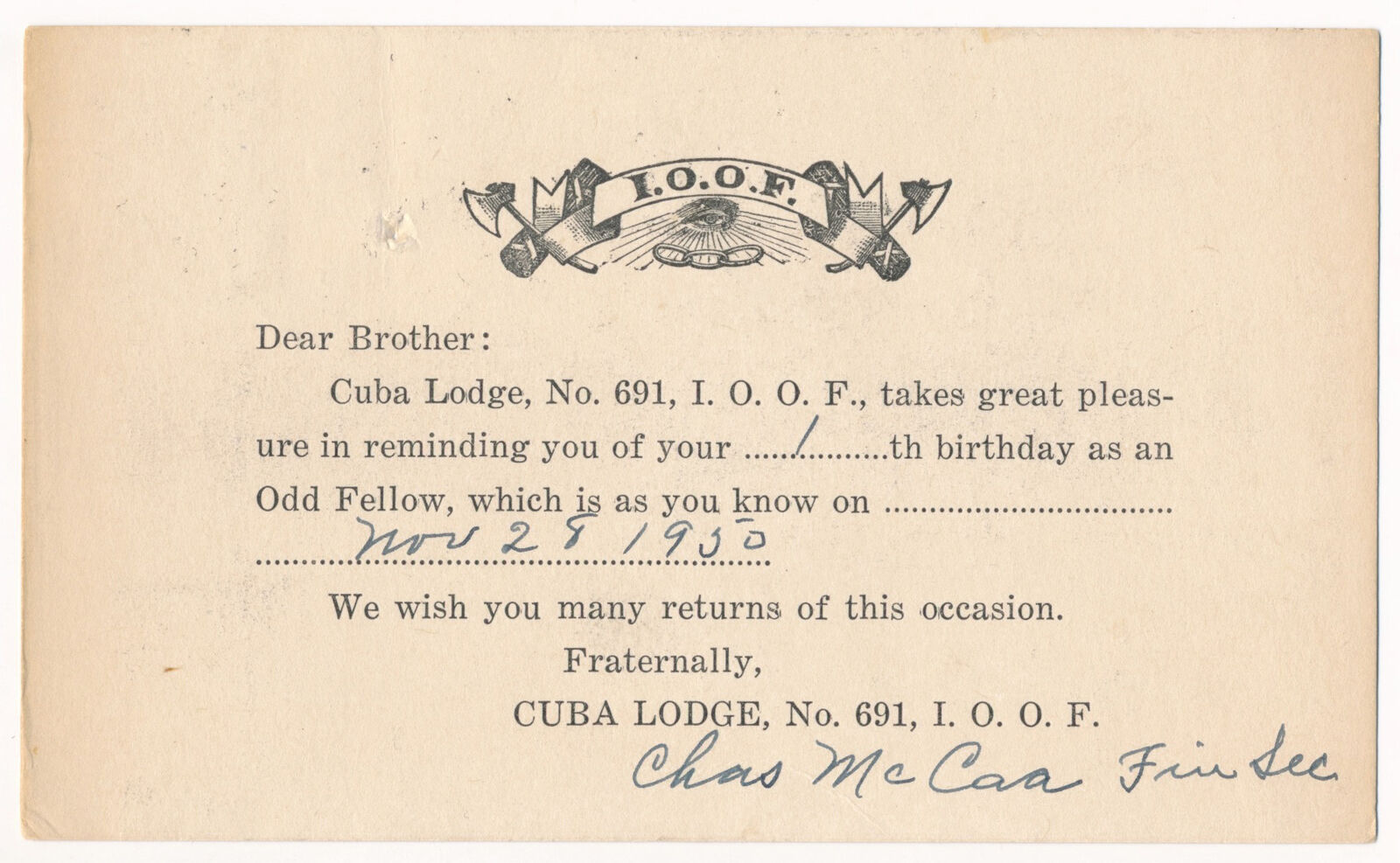 I.O.O.F. Odd Fellows - Lodge No. 691, Cuba, New York 1950