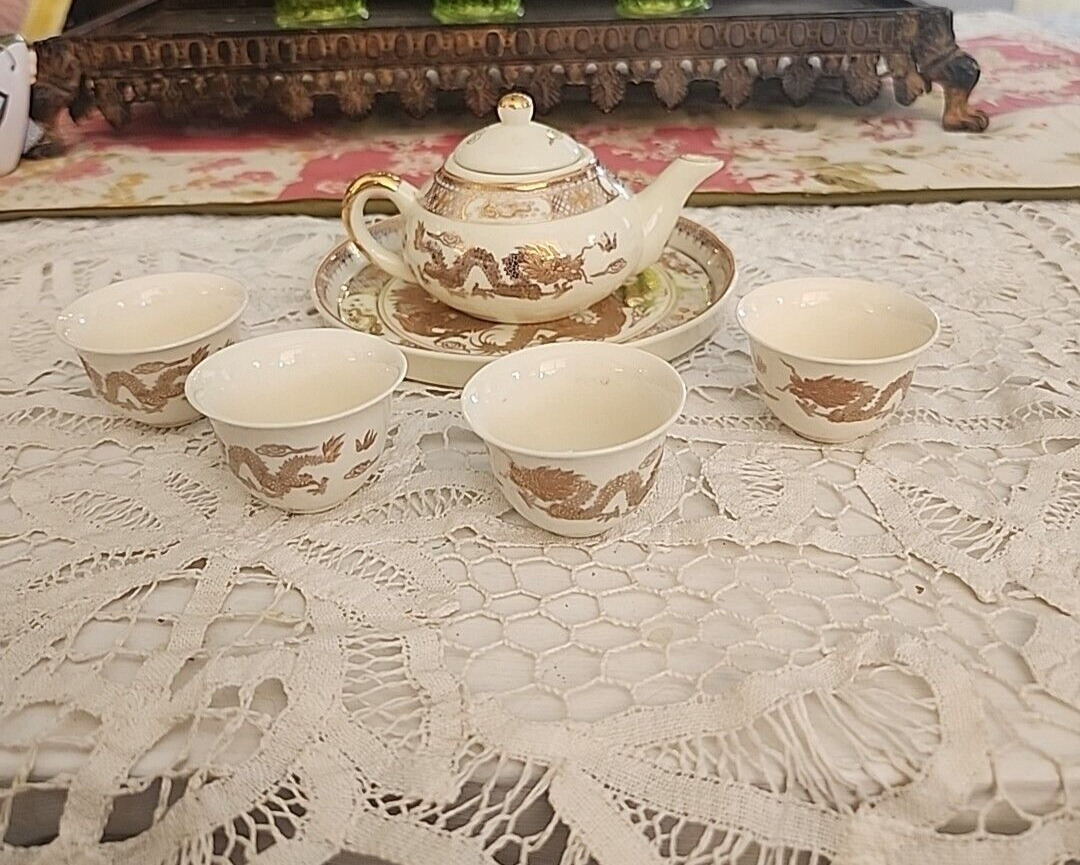 Miniature Gold Dragon Fine China Tea Set including teapot, plate and four cups