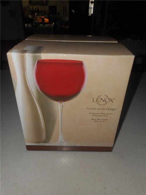 LENOX TUSCANY HOLIDAY GEMS WINE GLASSES 4 RUBY RED HAND BLOWN CLEAR STEM