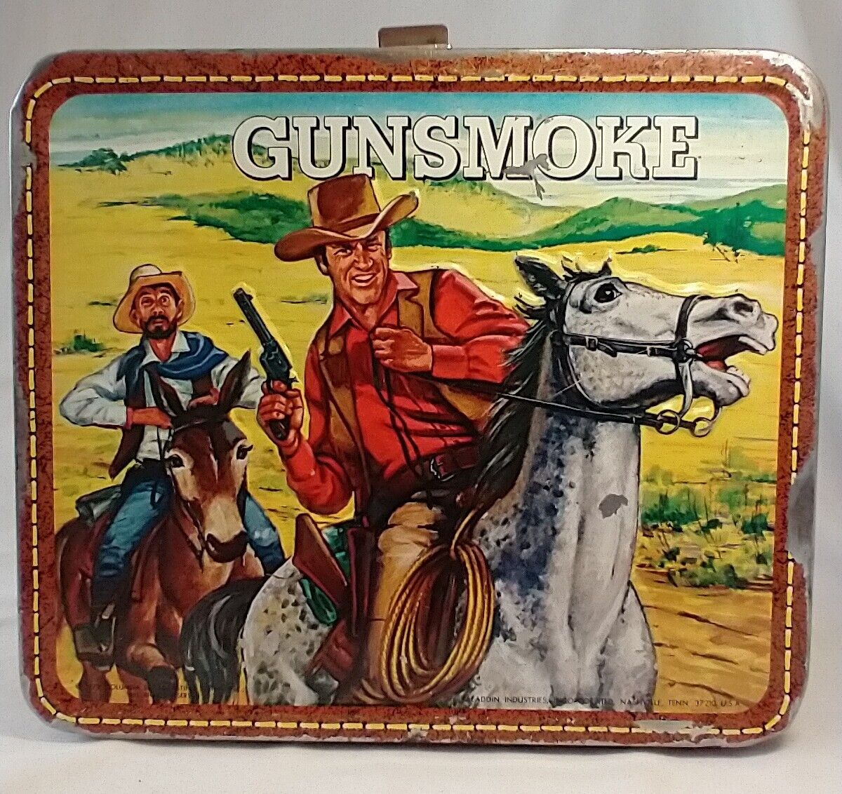 Vintage 1972 Embossed Metal Gunsmoke Lunchbox by Aladdin No Thermos Dented READ