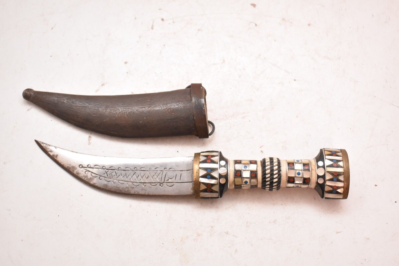 Antique Jambiya dagger Knife Inlayed Pearl Horn Handle Moroccan Syrian VTG-=