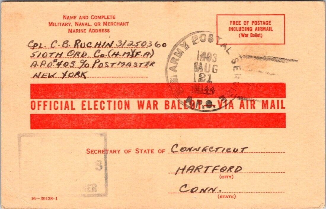 1944 WWII Election War Ballot Cpl C B Ruchin Connecticut APO  postcard JQ3